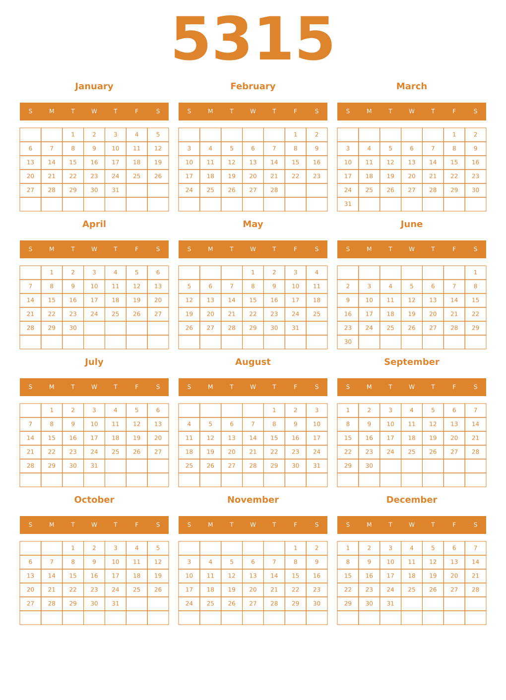 Printable 5315 Year Calendars orange