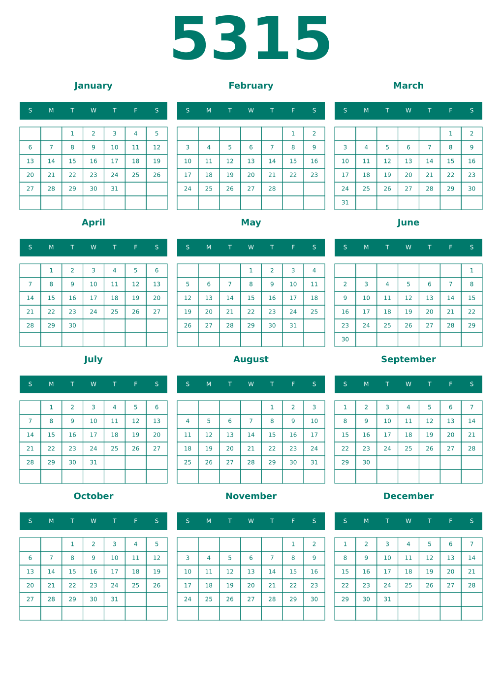 Printable 5315 Year Calendars pastel