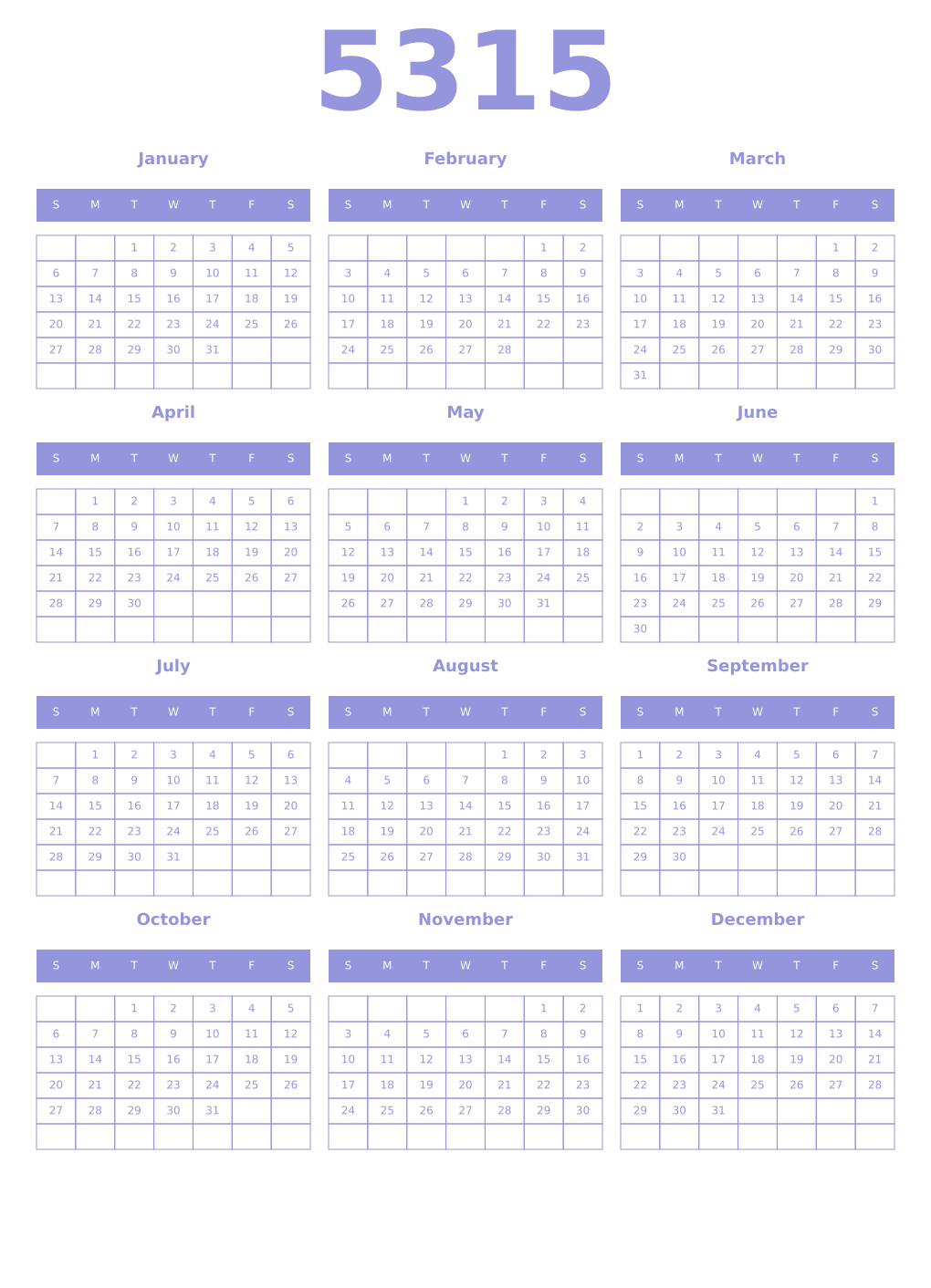 Printable 5315 Year Calendars periwinkle