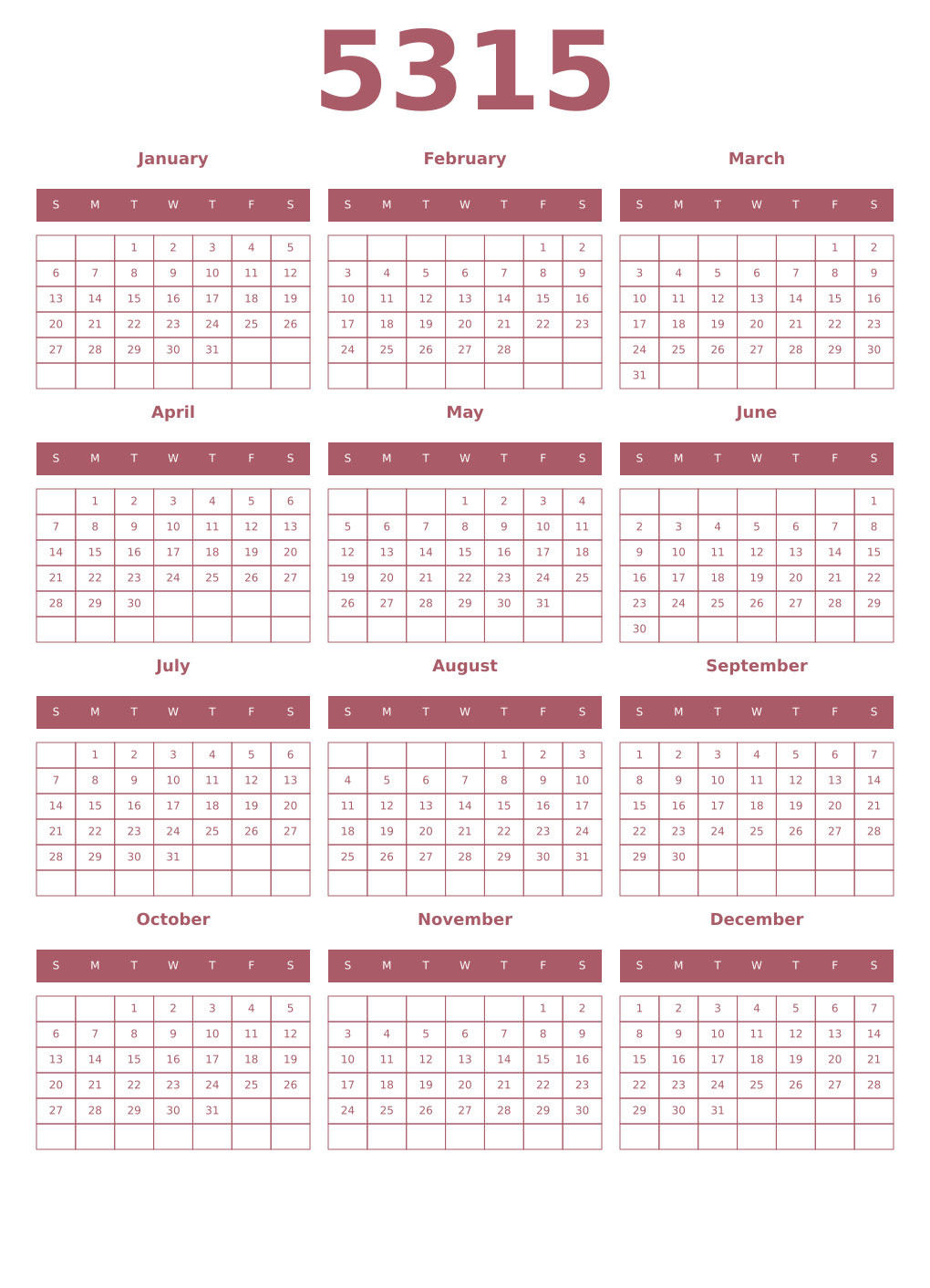 Printable 5315 Year Calendars puce