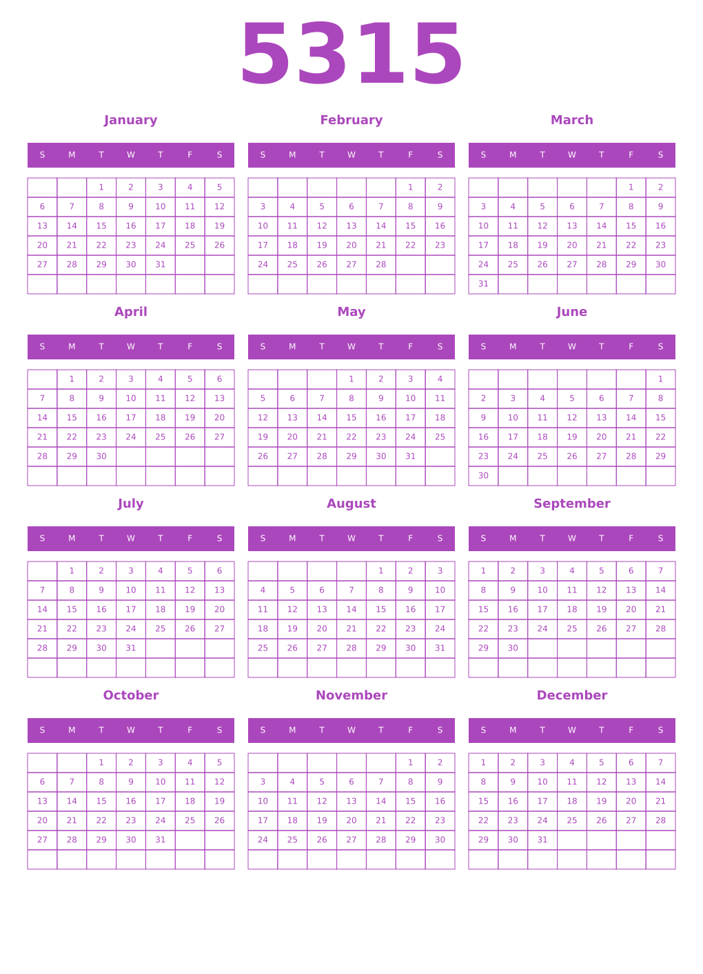 Printable 5315 Year Calendars purple
