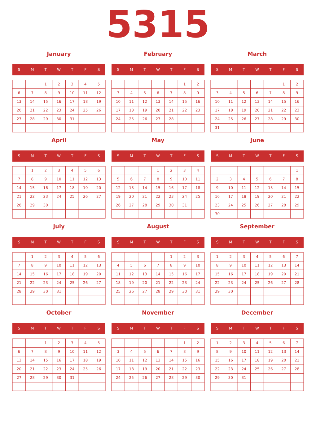 Printable 5315 Year Calendars red