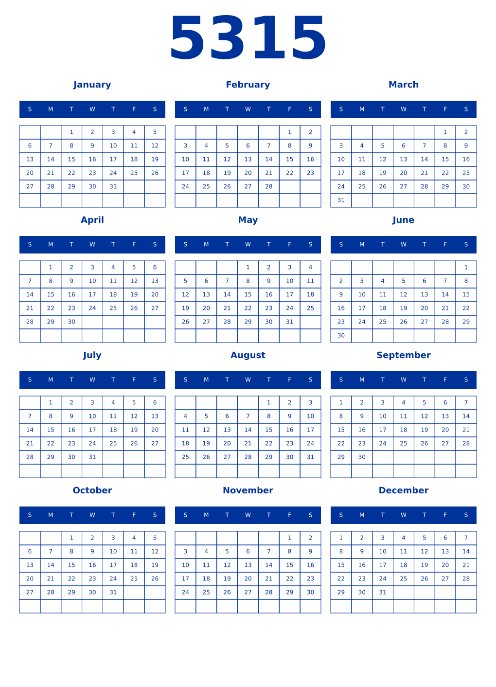 Printable 5315 Year Calendars smalt