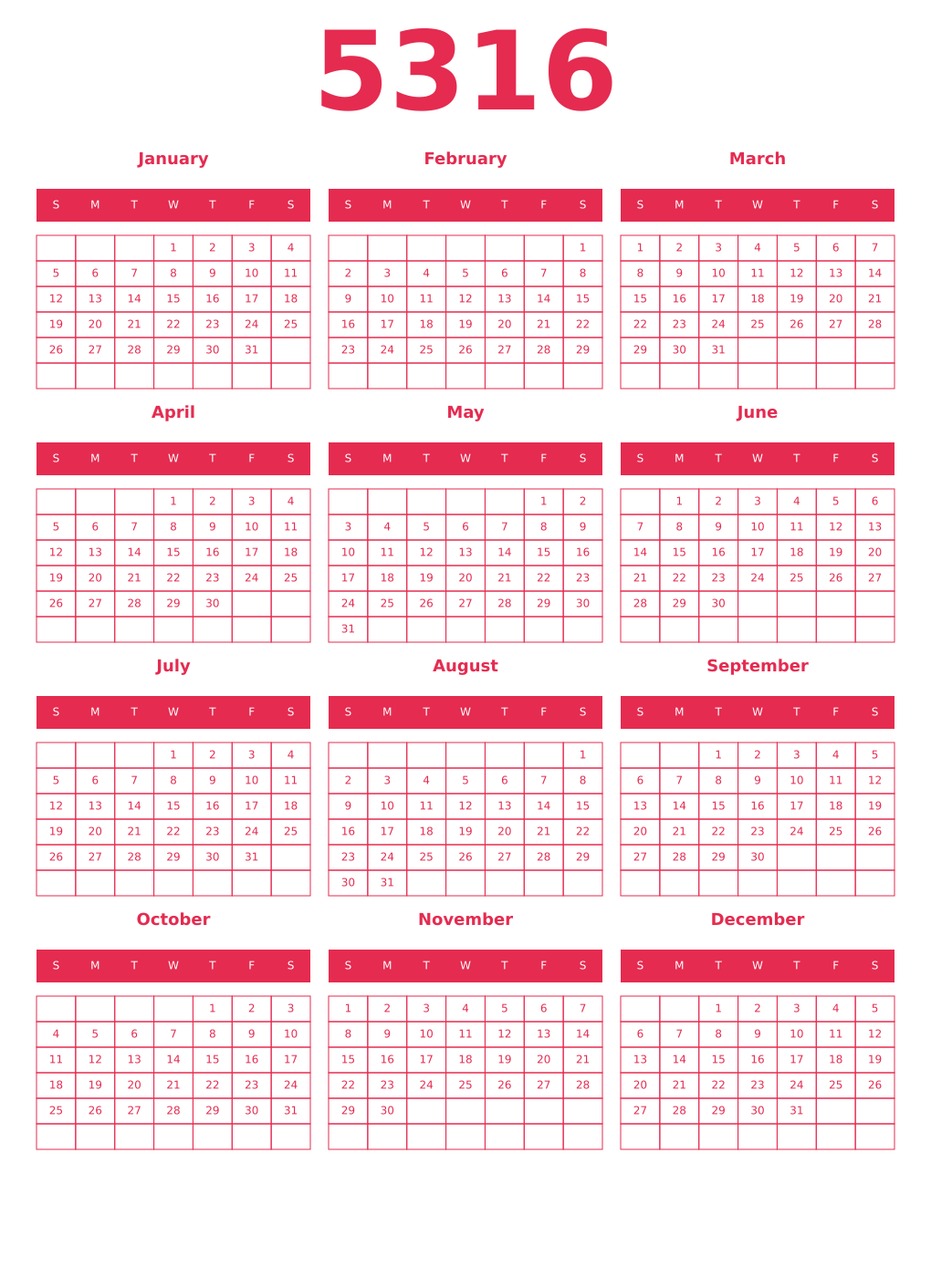 Printable 5316 Year Calendars amaranth
