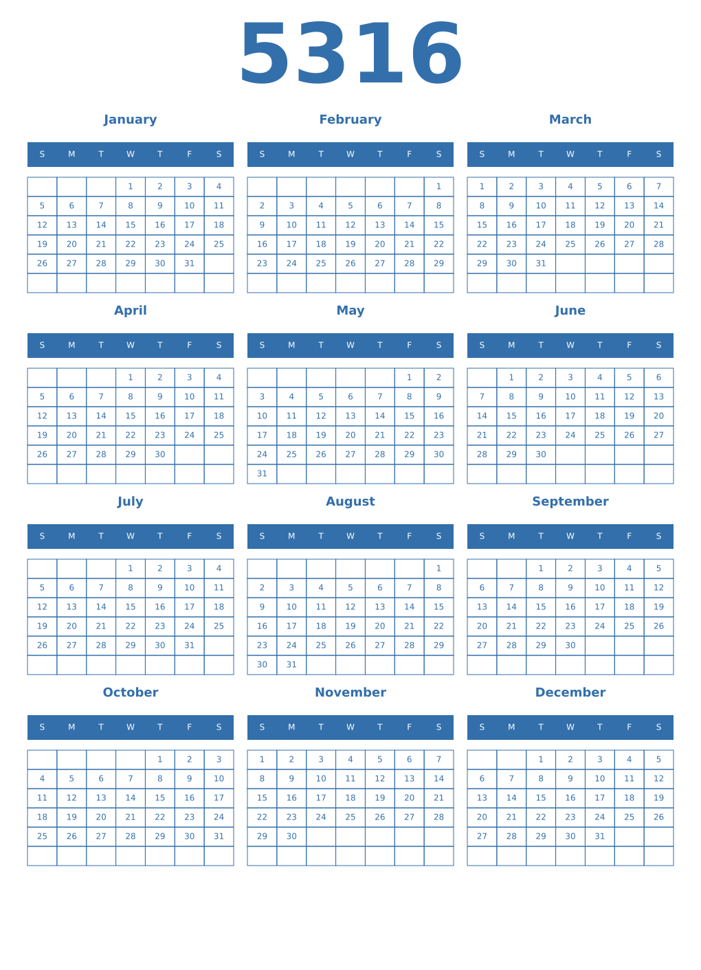 Printable 5316 Year Calendars blue