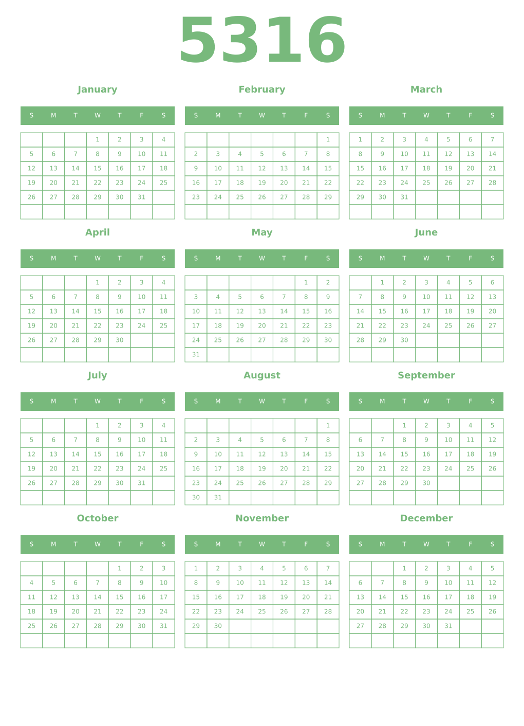 Printable 5316 Year Calendars celadon