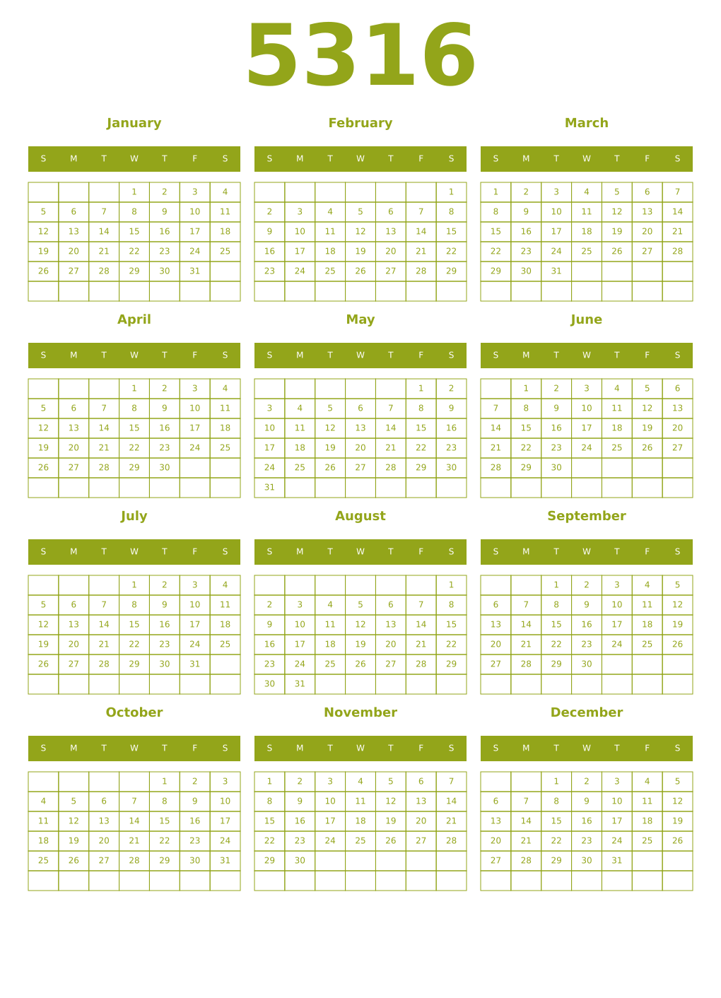 Printable 5316 Year Calendars chartreuse