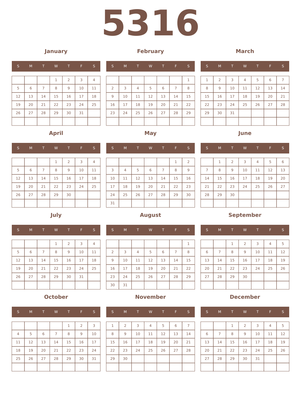 Printable 5316 Year Calendars coffe