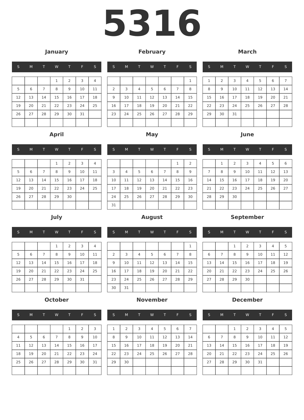 Printable 5316 Year Calendars dark
