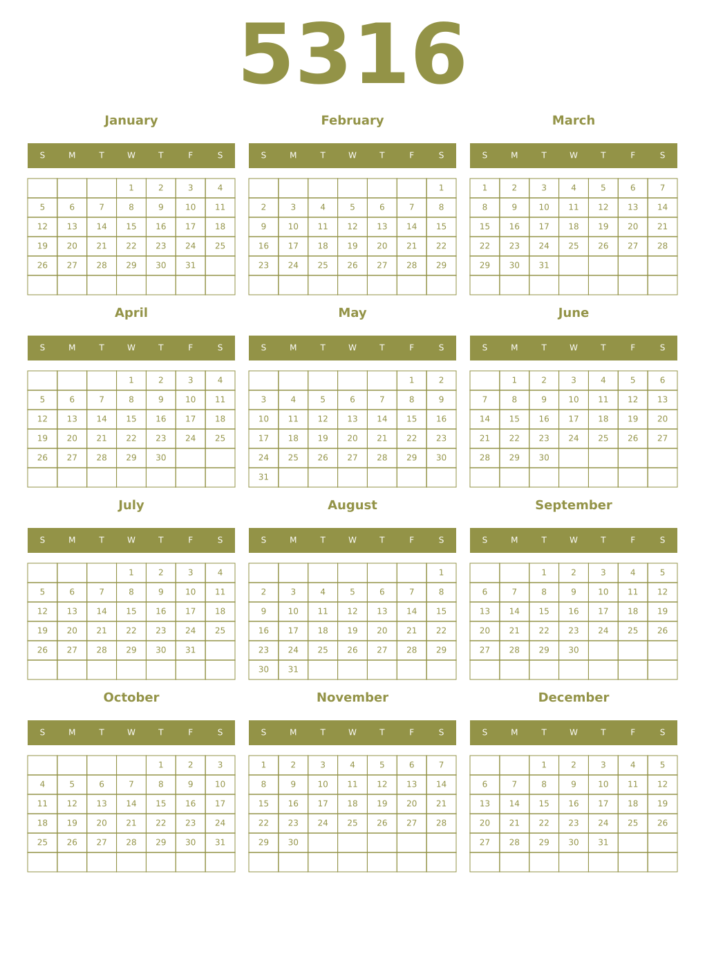 Printable 5316 Year Calendars eburnean