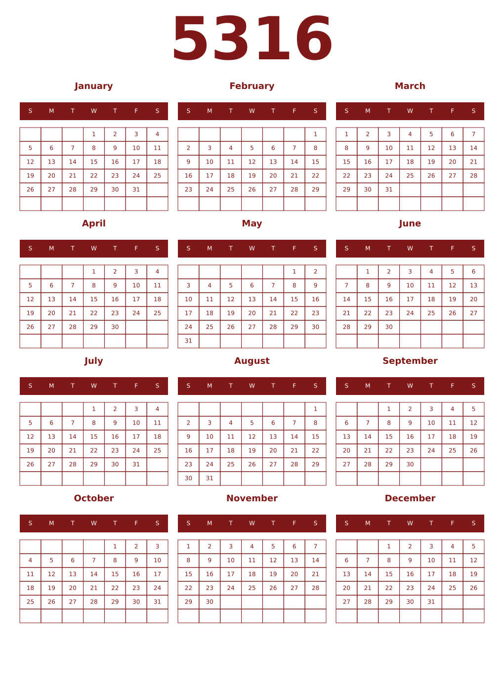 Printable 5316 Year Calendars falu