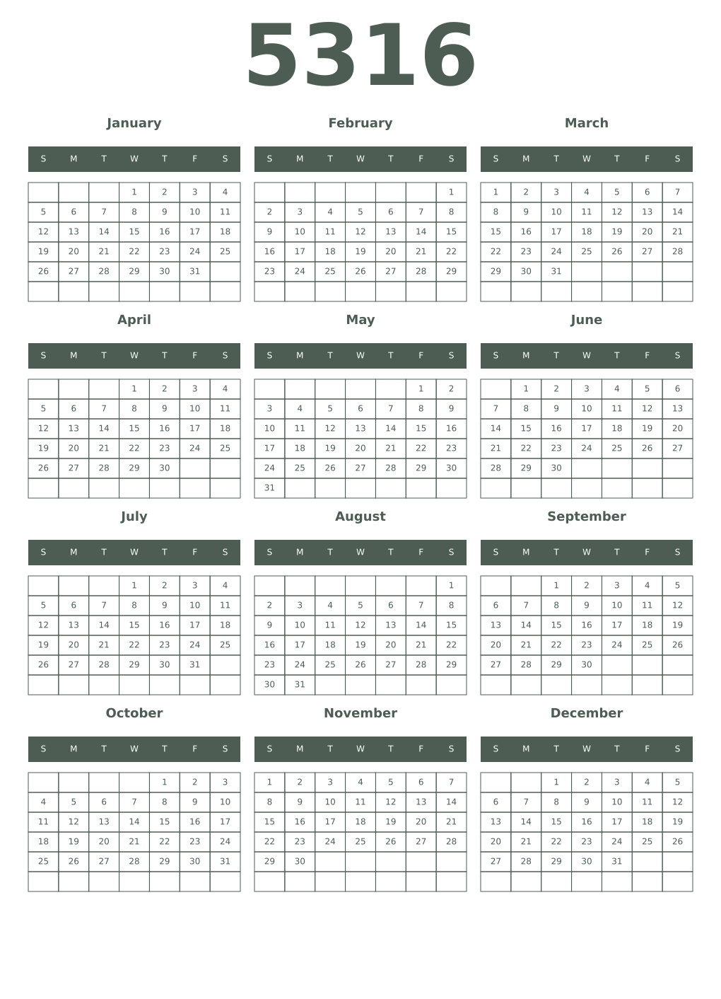 Printable 5316 Year Calendars feldgrau