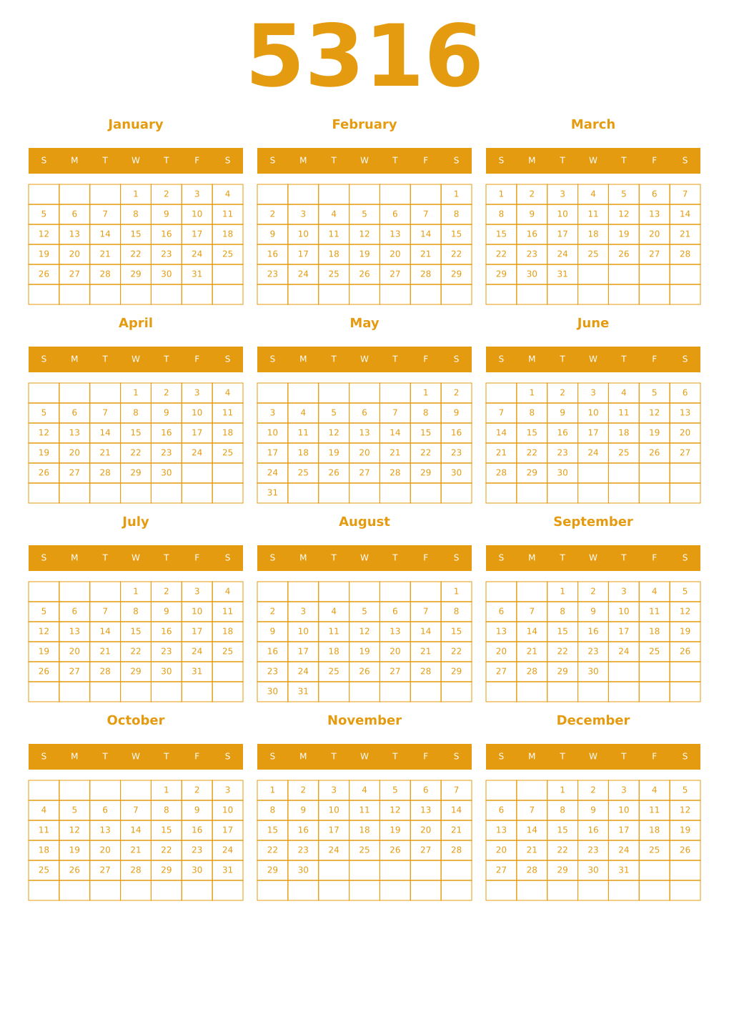 Printable 5316 Year Calendars gamboge