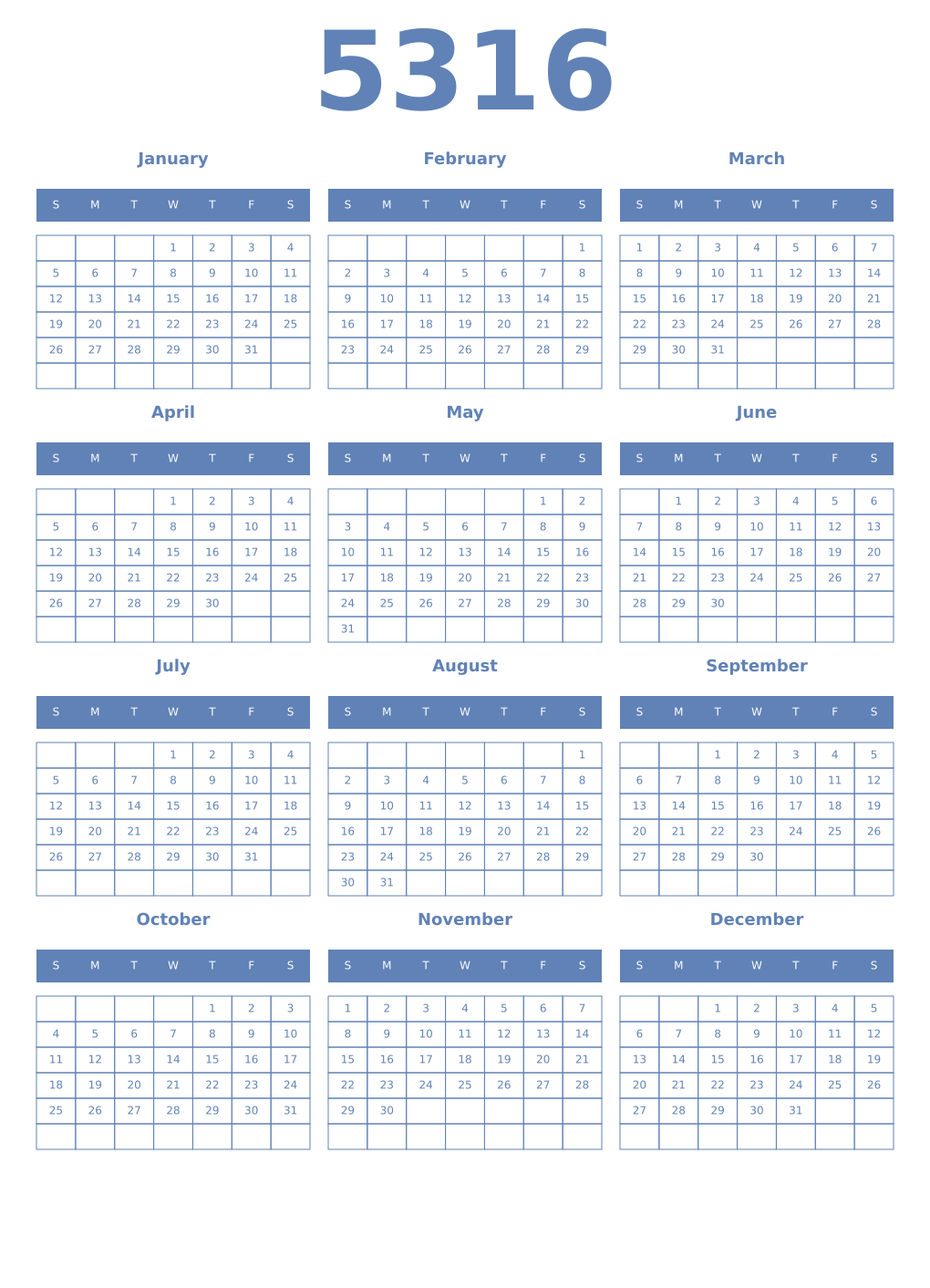 Printable 5316 Year Calendars glaucous