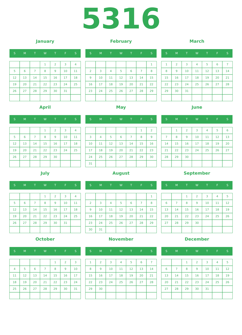 Printable 5316 Year Calendars green