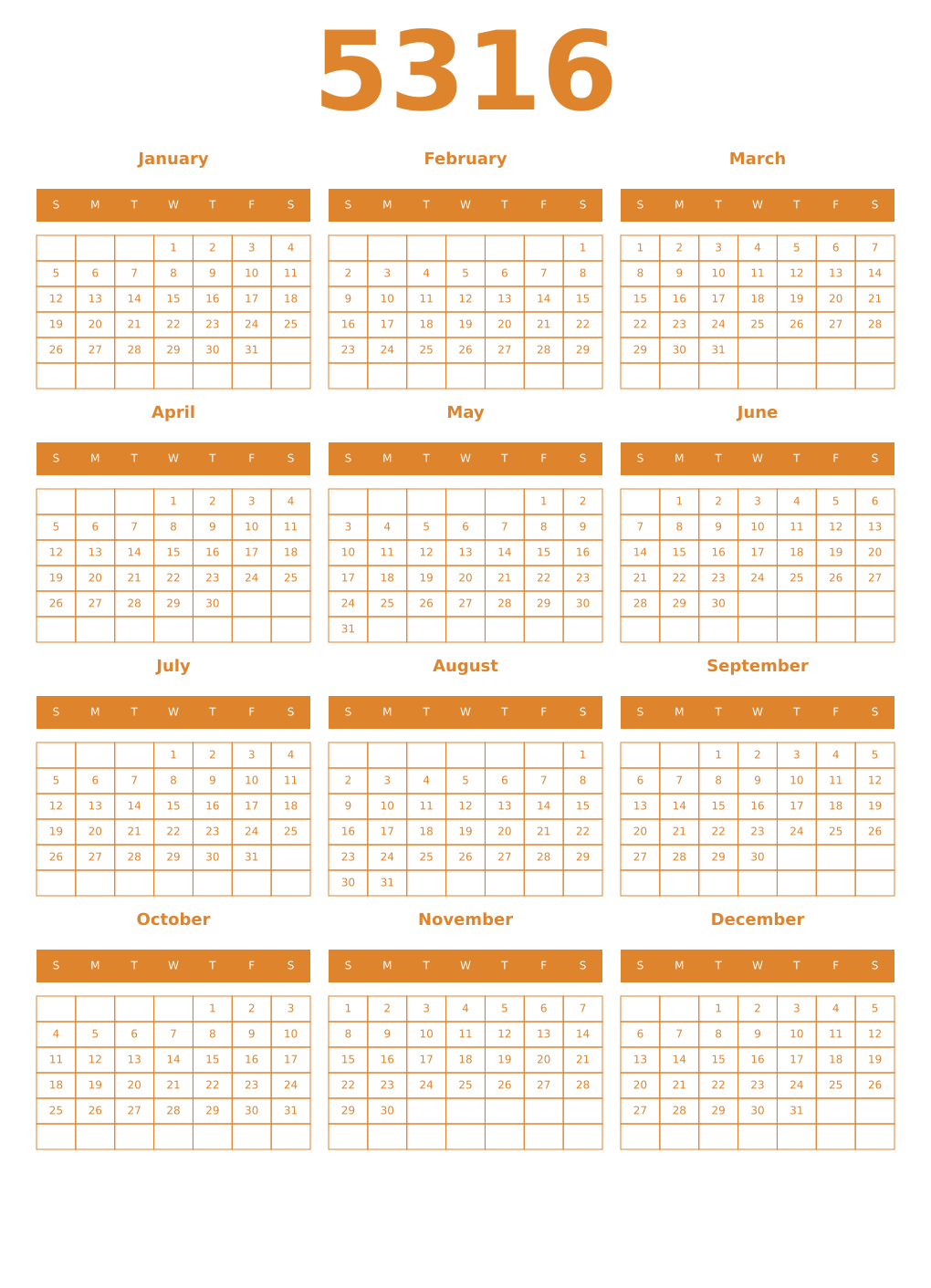 Printable 5316 Year Calendars orange