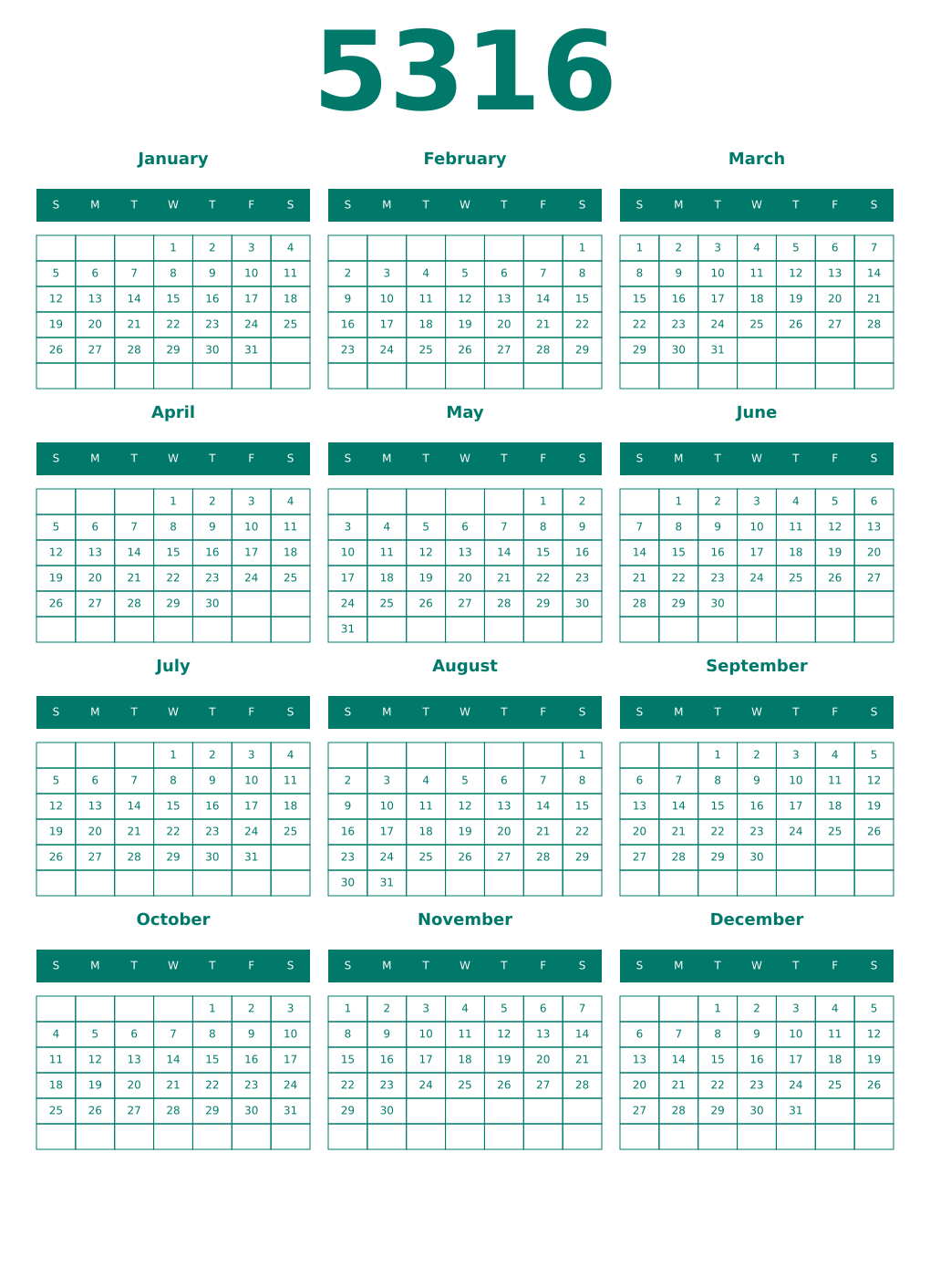 Printable 5316 Year Calendars pastel