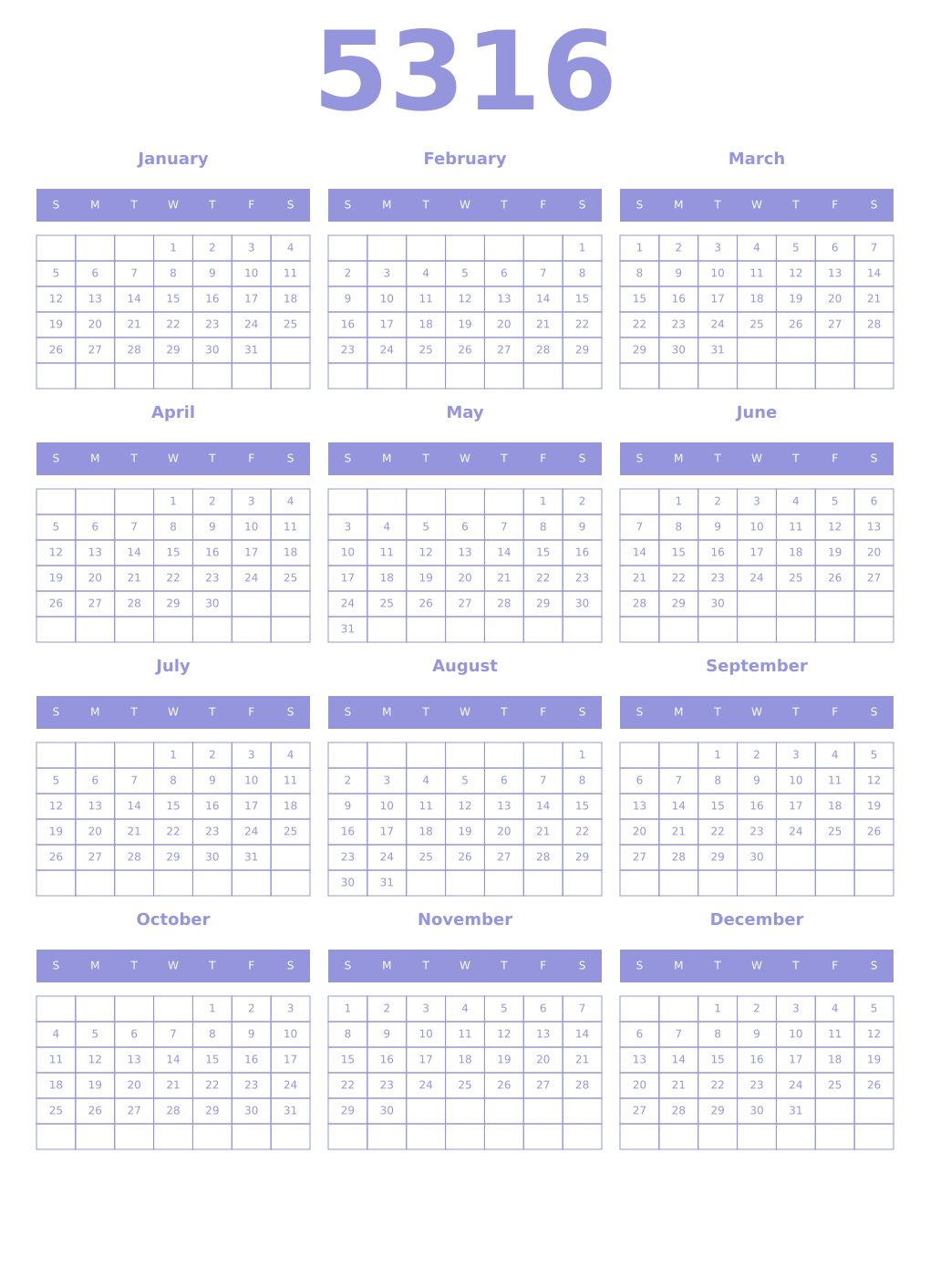 Printable 5316 Year Calendars periwinkle