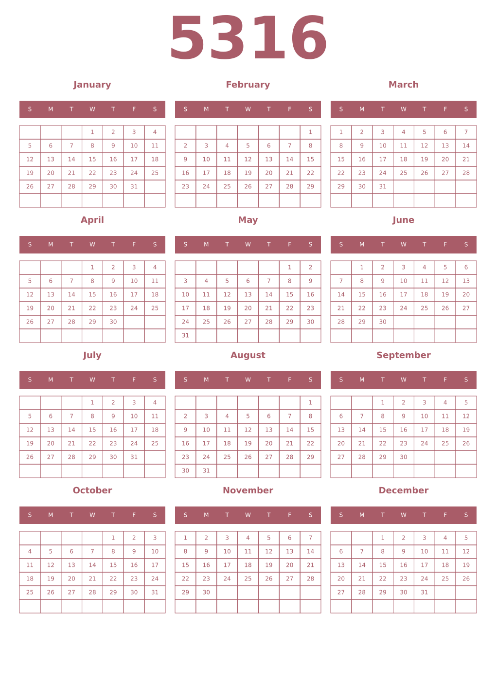 Printable 5316 Year Calendars puce