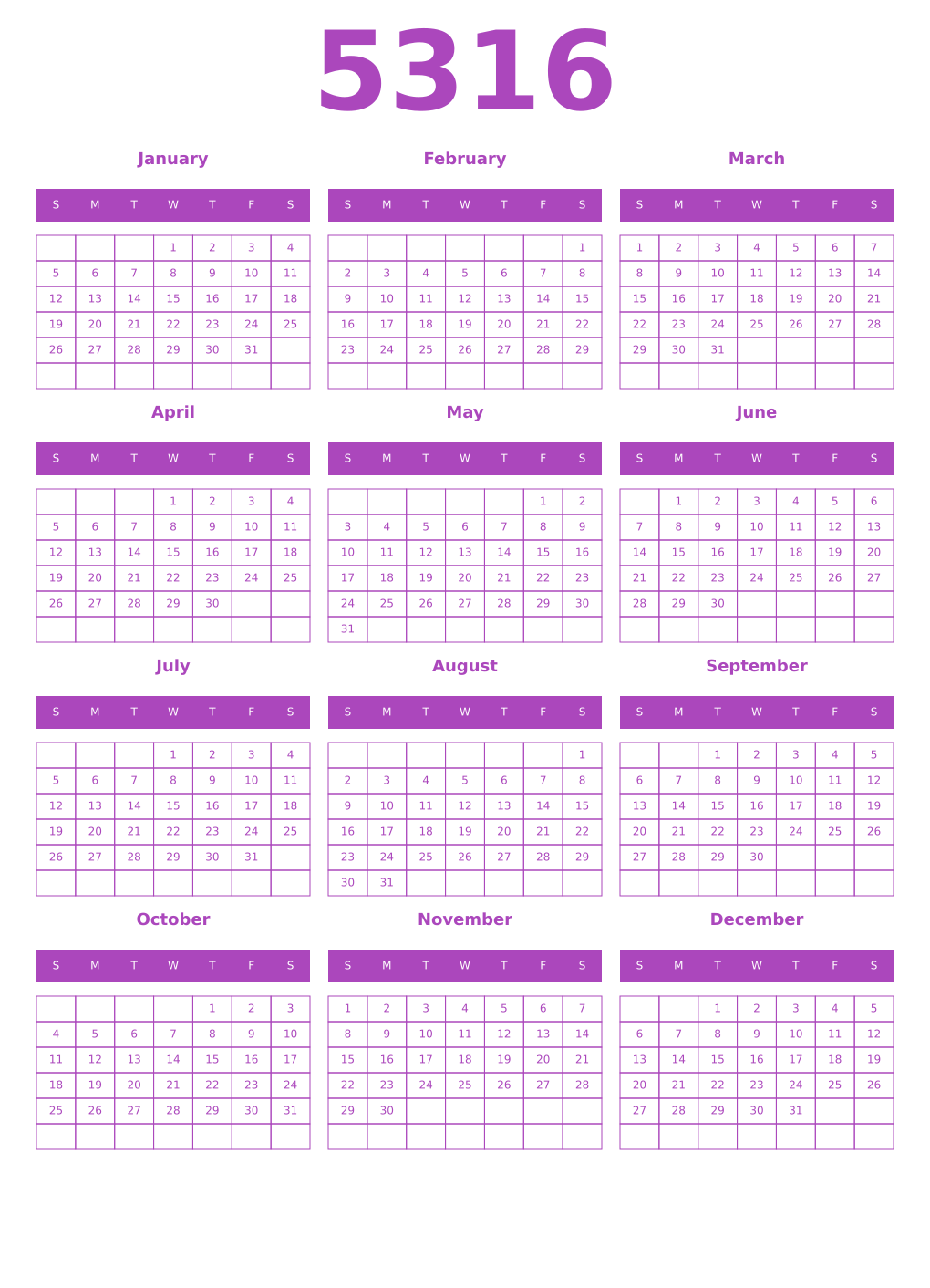 Printable 5316 Year Calendars purple