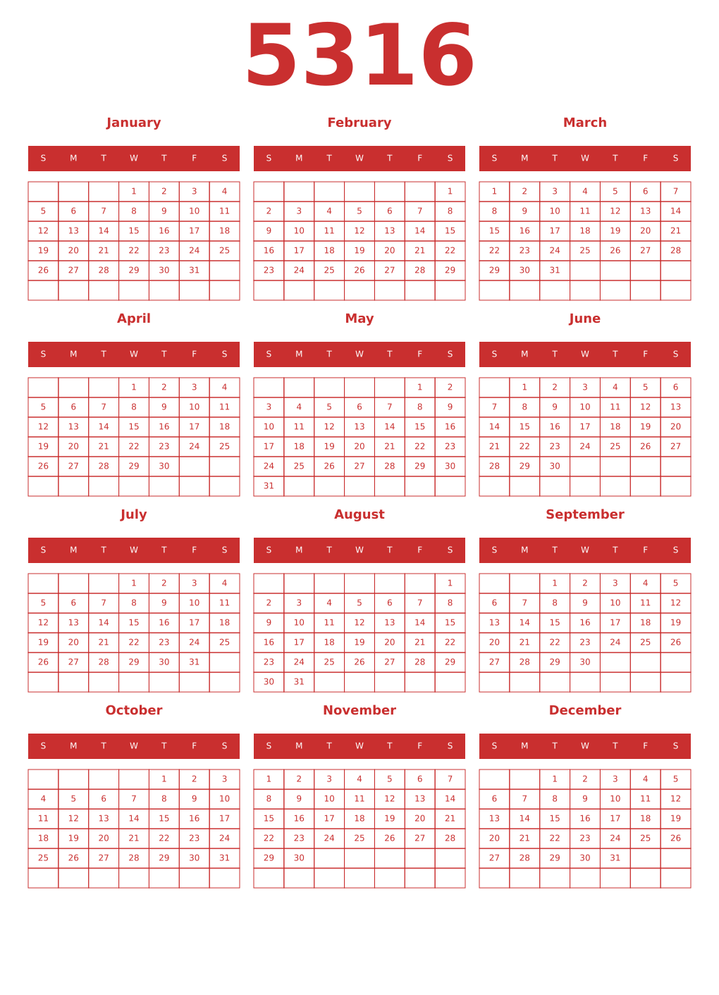 Printable 5316 Year Calendars red