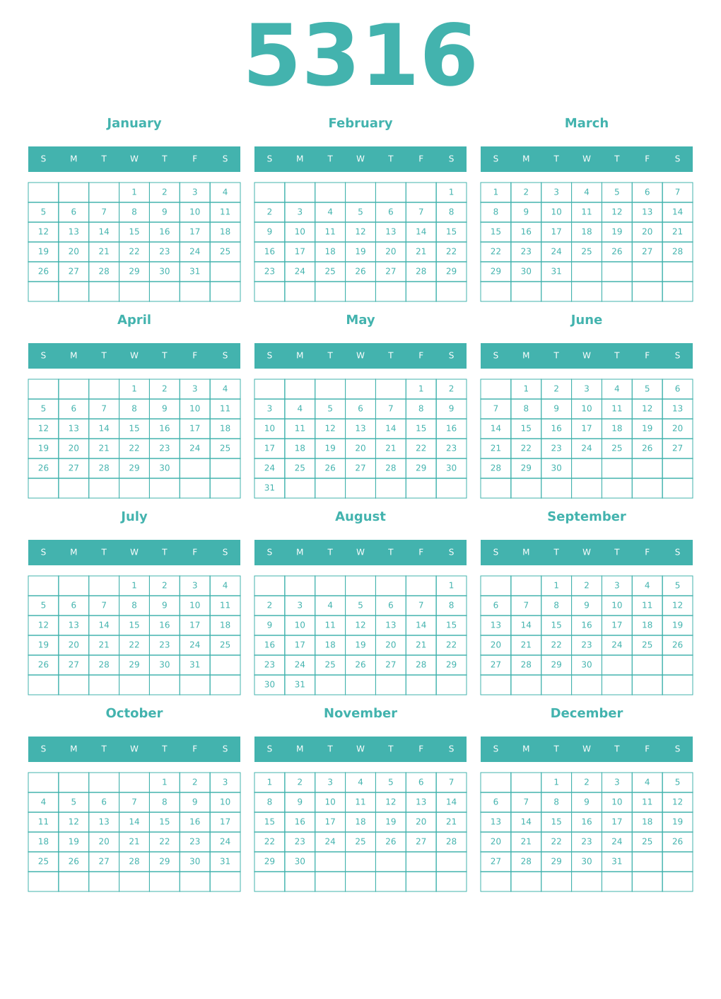 Printable 5316 Year Calendars verdigris