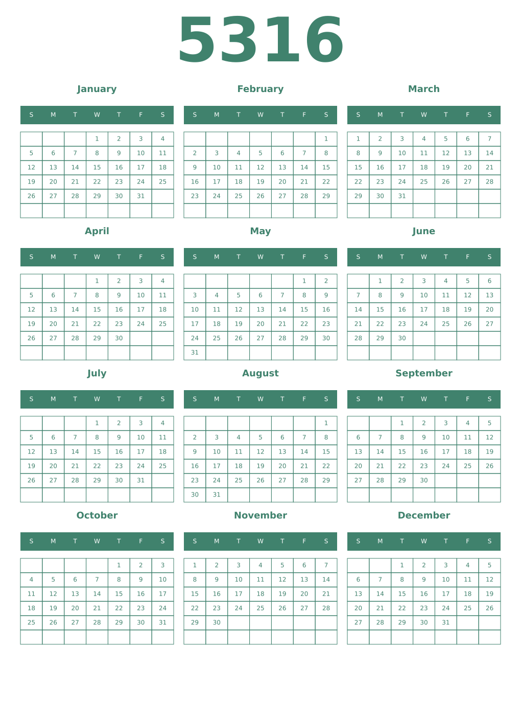 Printable 5316 Year Calendars viridian