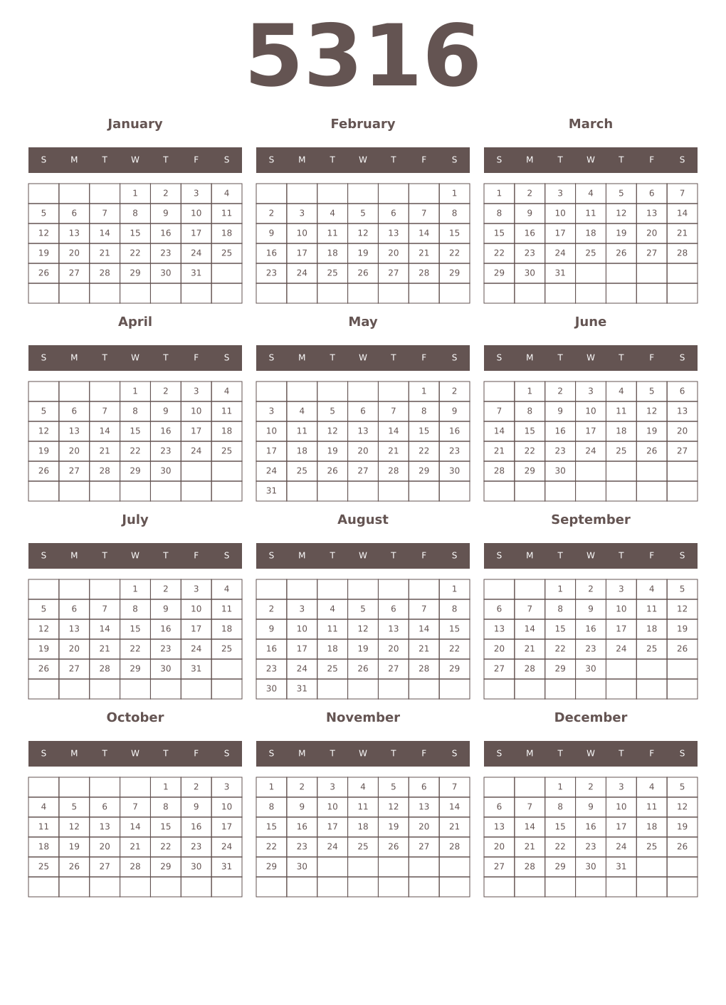 Printable 5316 Year Calendars wenge