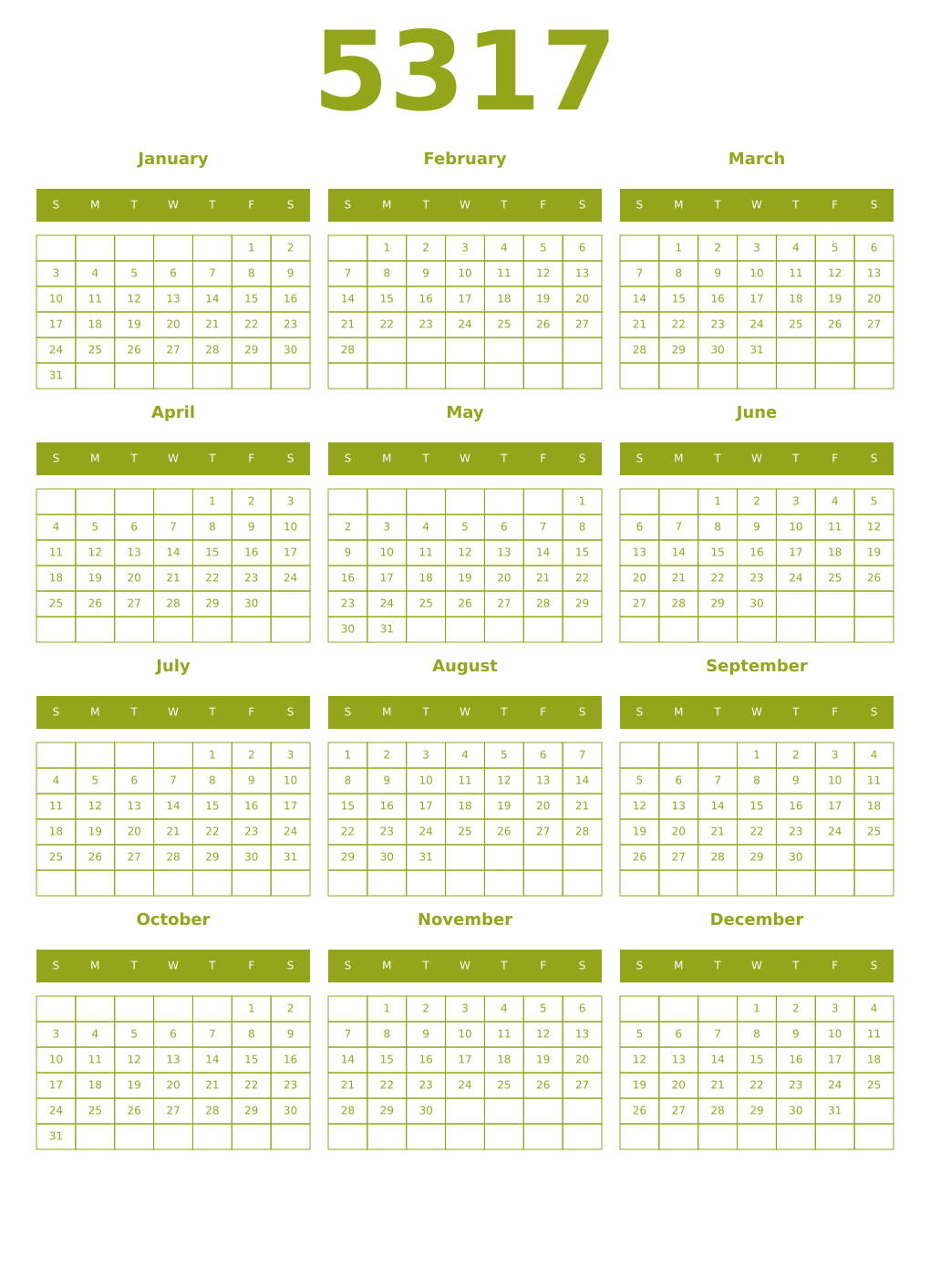 Printable 5317 Year Calendars chartreuse
