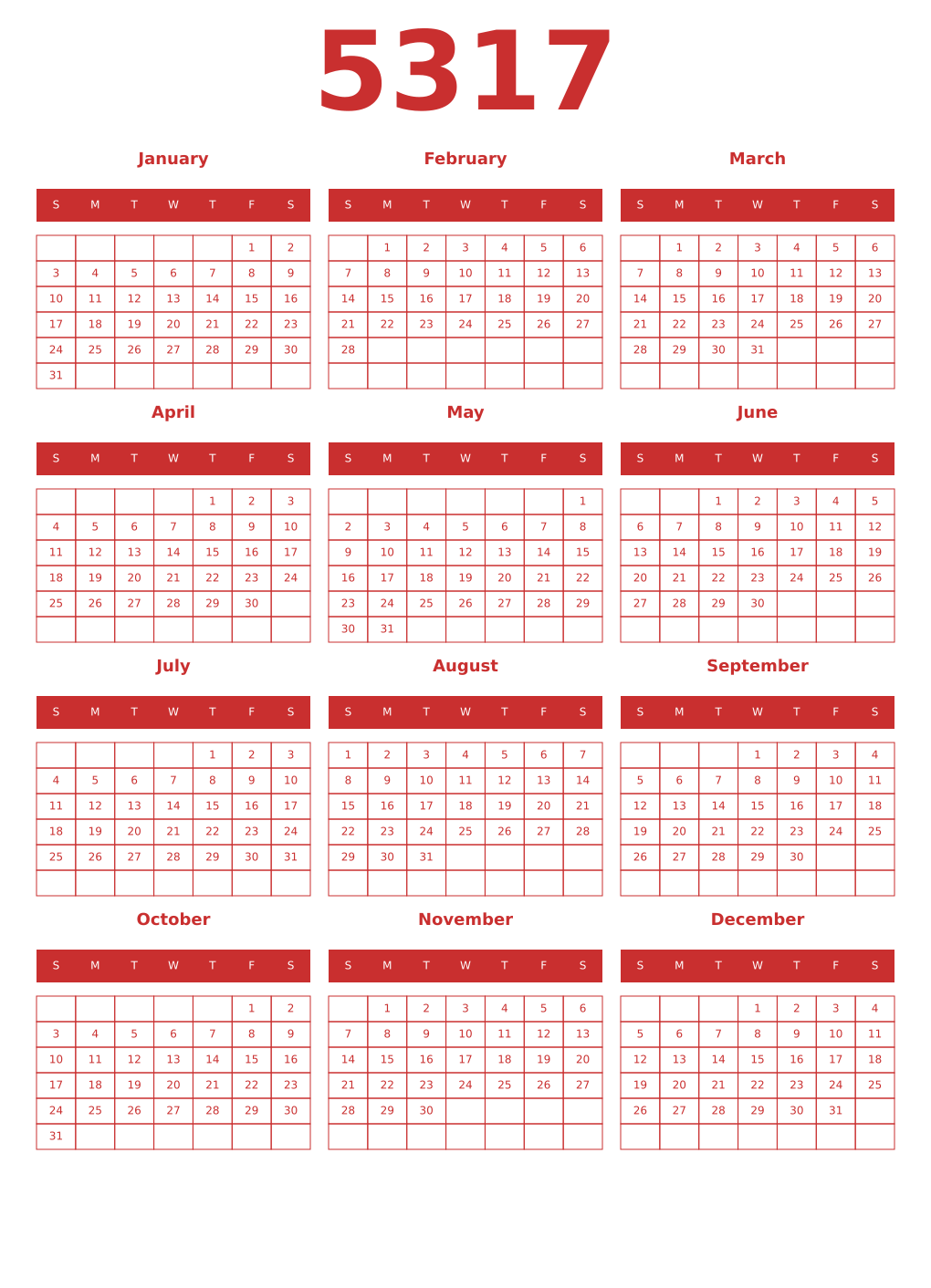 Printable 5317 Year Calendars red