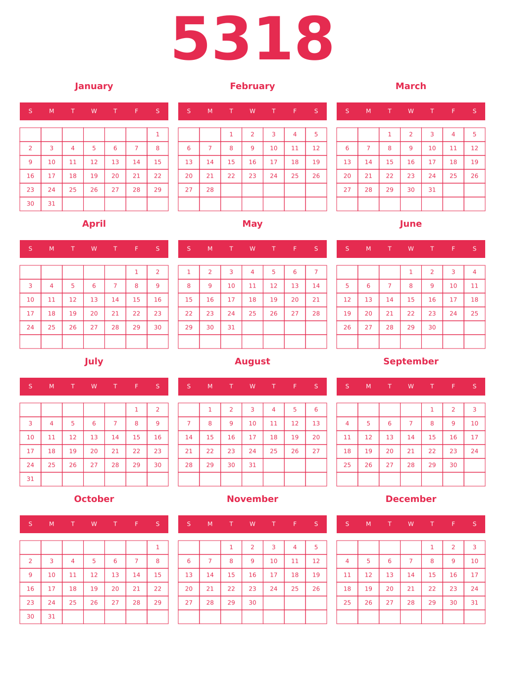 Printable 5318 Year Calendars amaranth