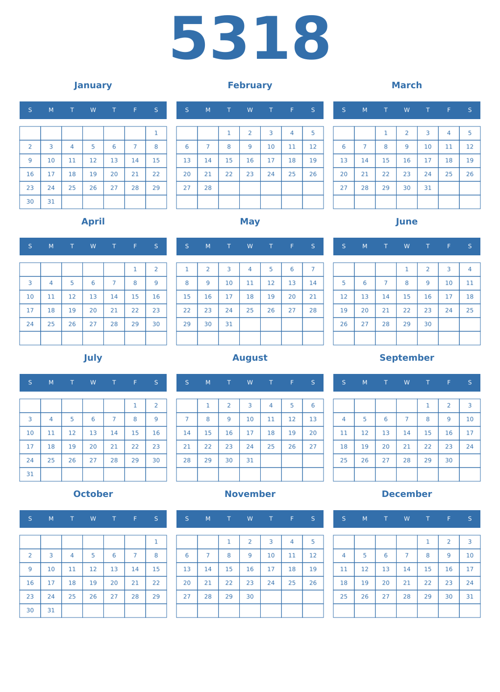 Printable 5318 Year Calendars blue
