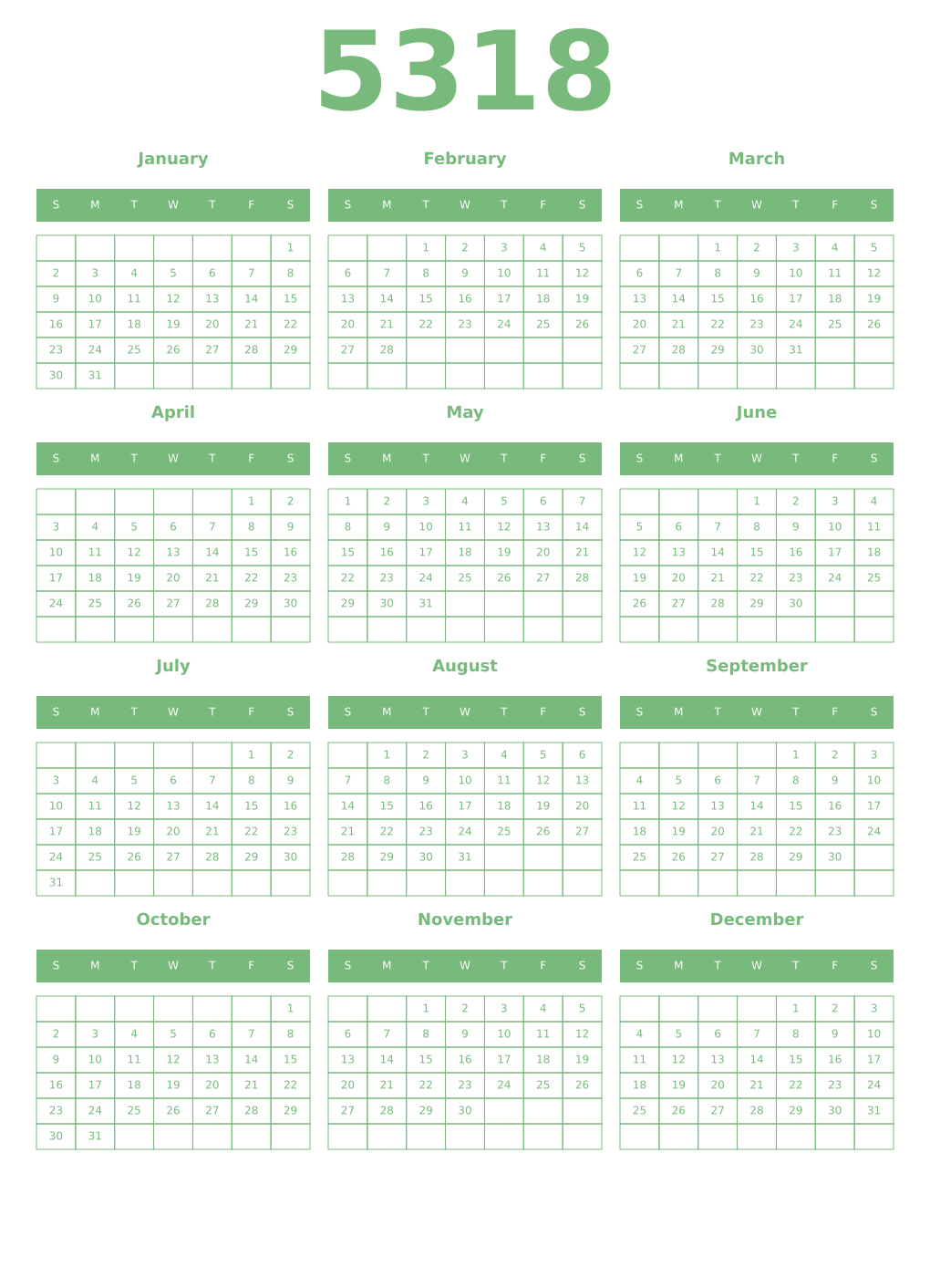Printable 5318 Year Calendars celadon