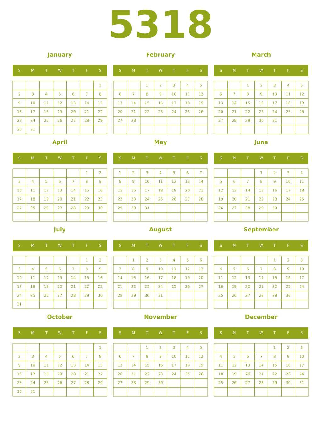 Printable 5318 Year Calendars chartreuse