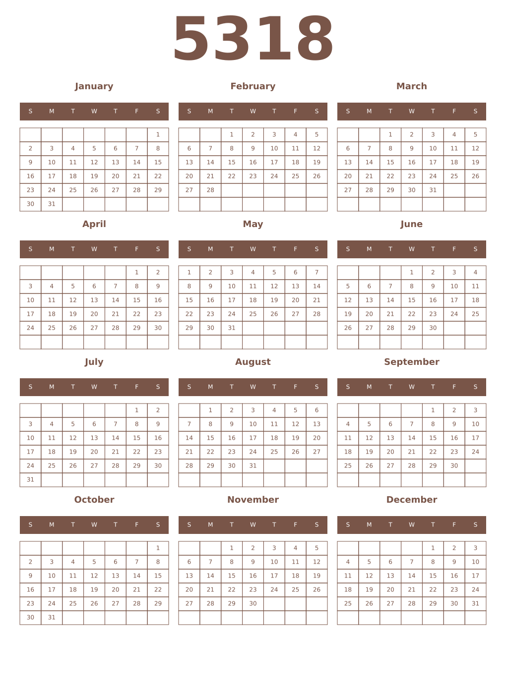 Printable 5318 Year Calendars coffe