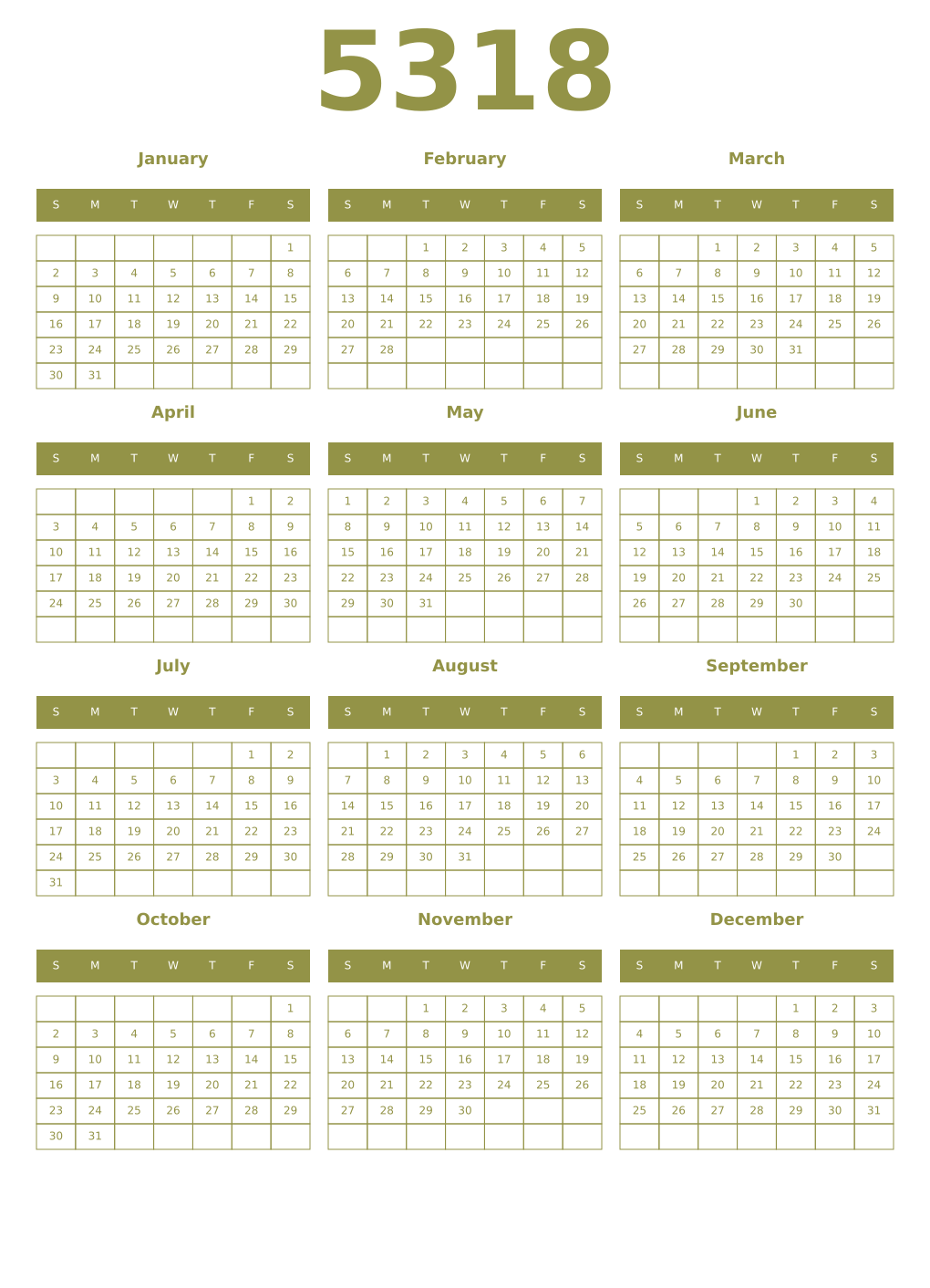 Printable 5318 Year Calendars eburnean