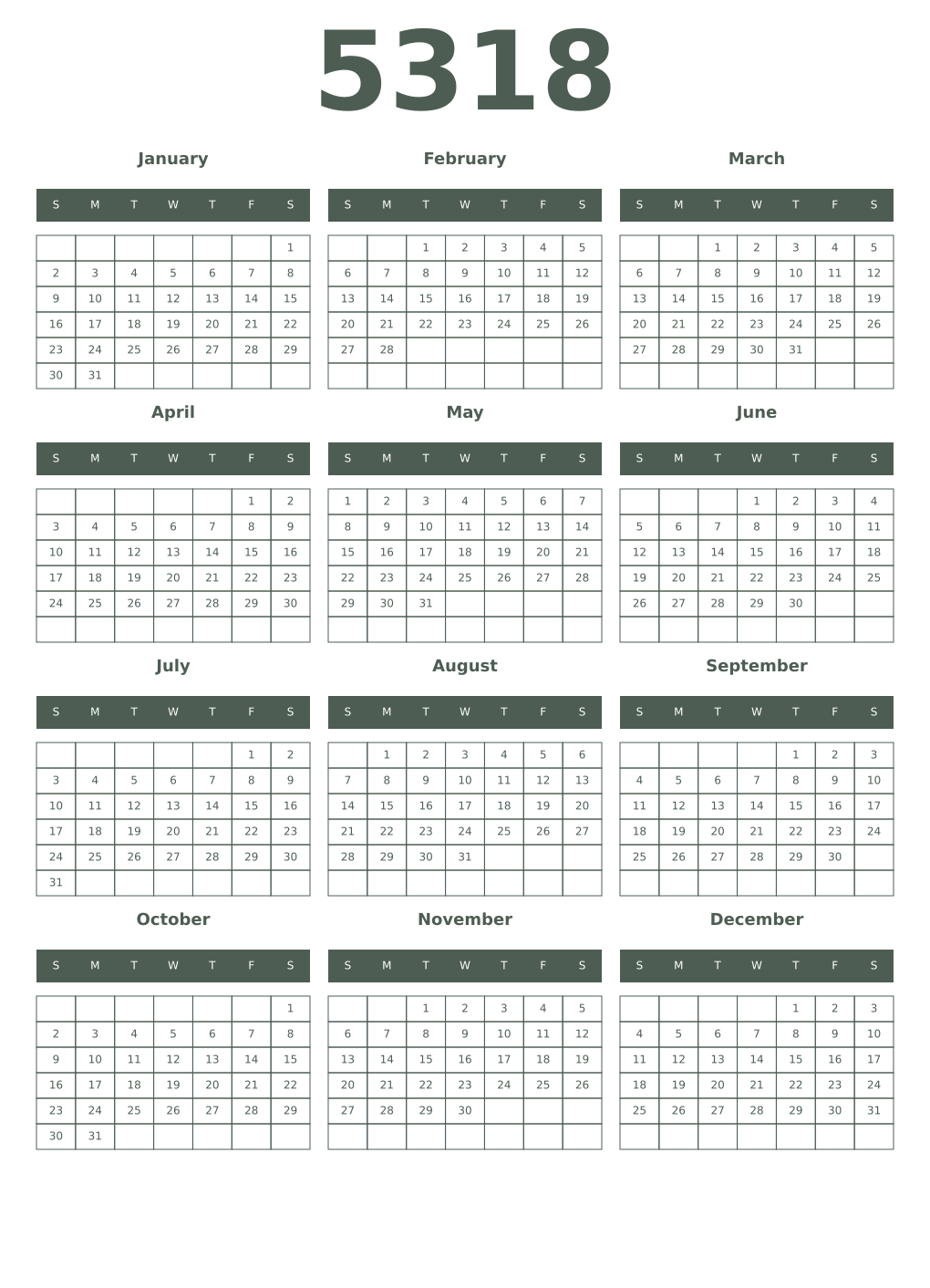 Printable 5318 Year Calendars feldgrau