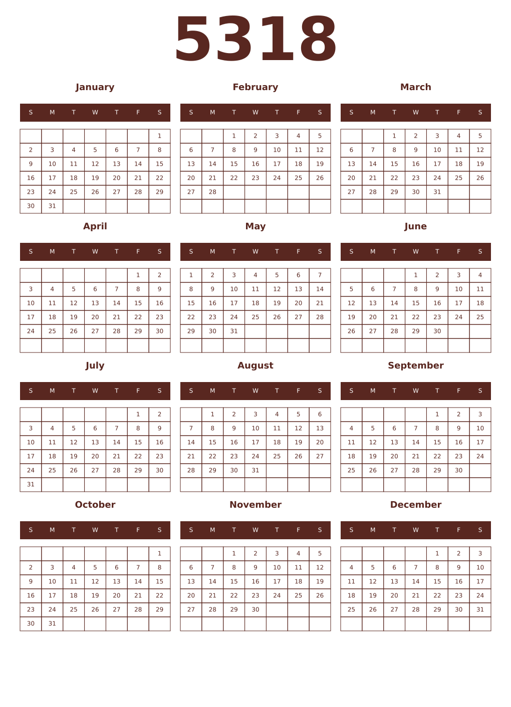 Printable 5318 Year Calendars mortuum