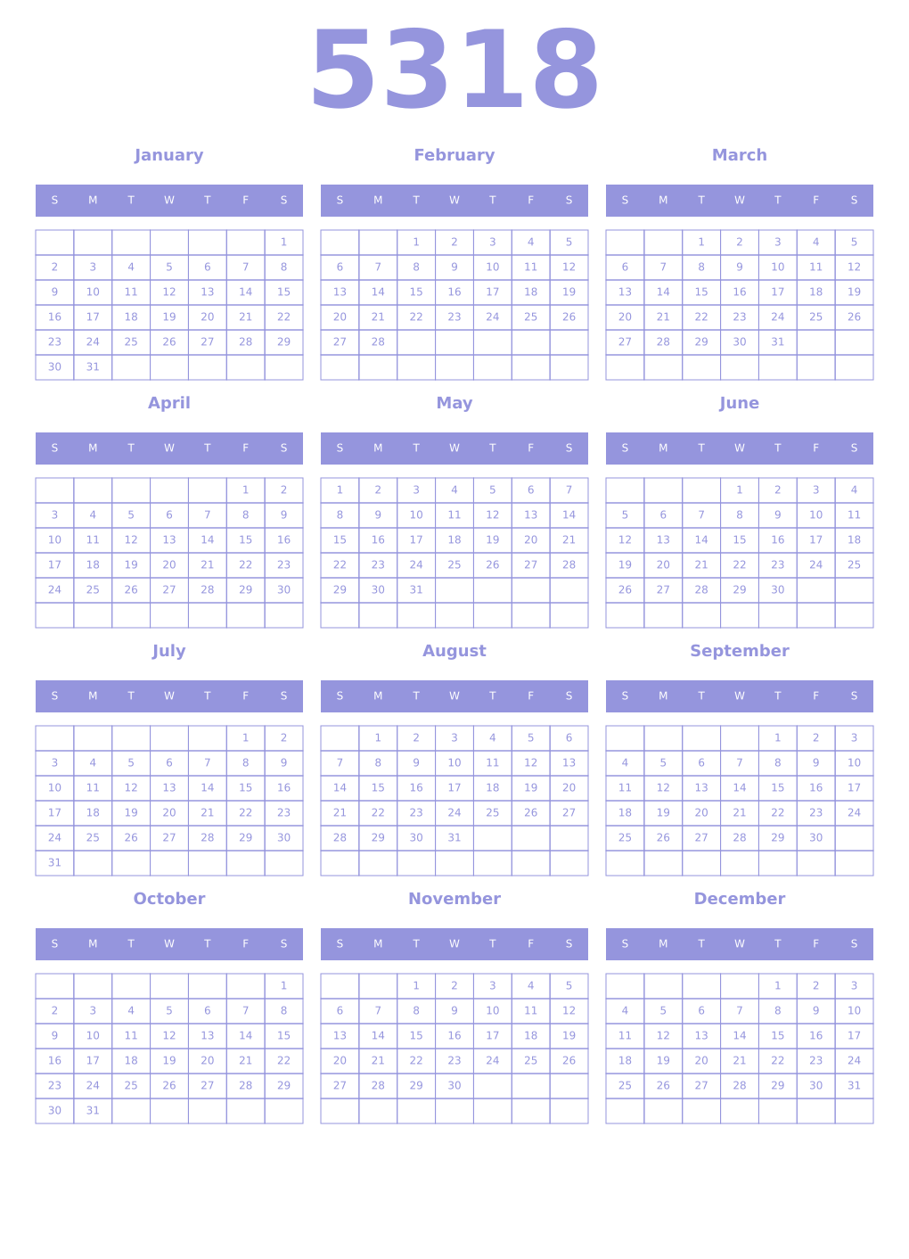 Printable 5318 Year Calendars periwinkle