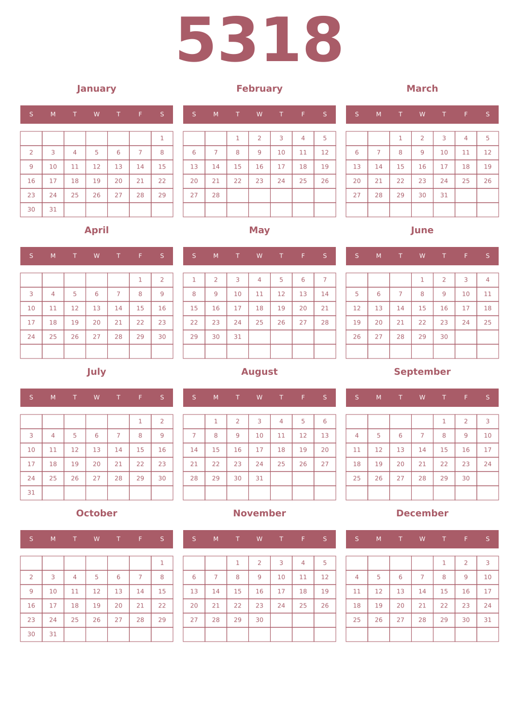 Printable 5318 Year Calendars puce