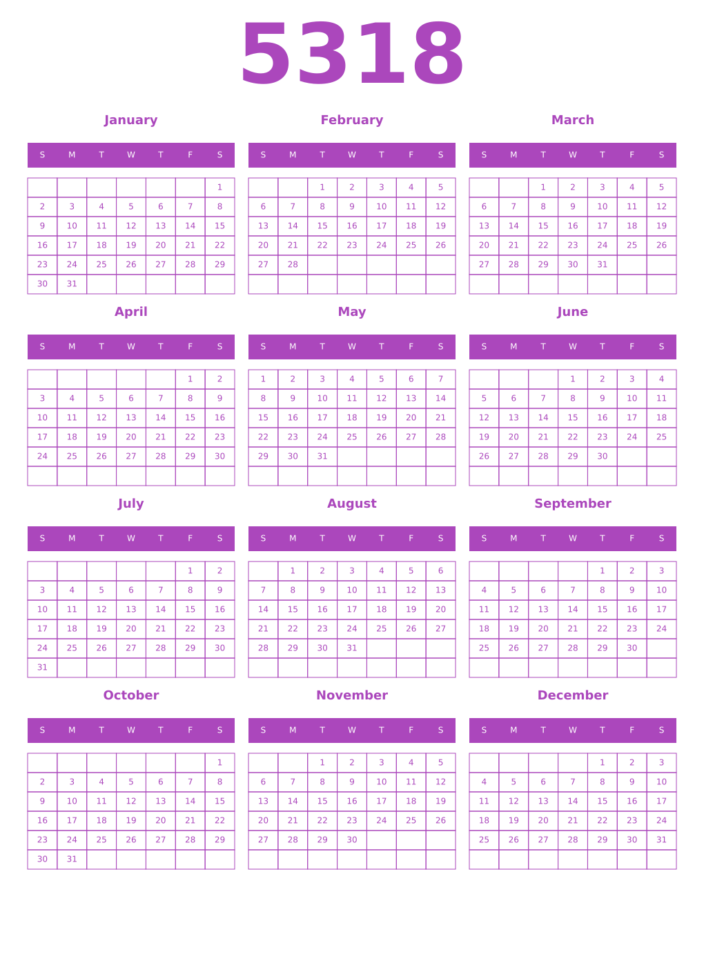 Printable 5318 Year Calendars purple