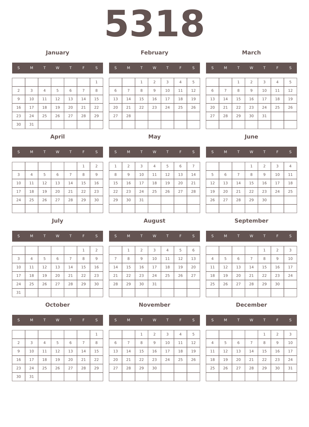 Printable 5318 Year Calendars wenge