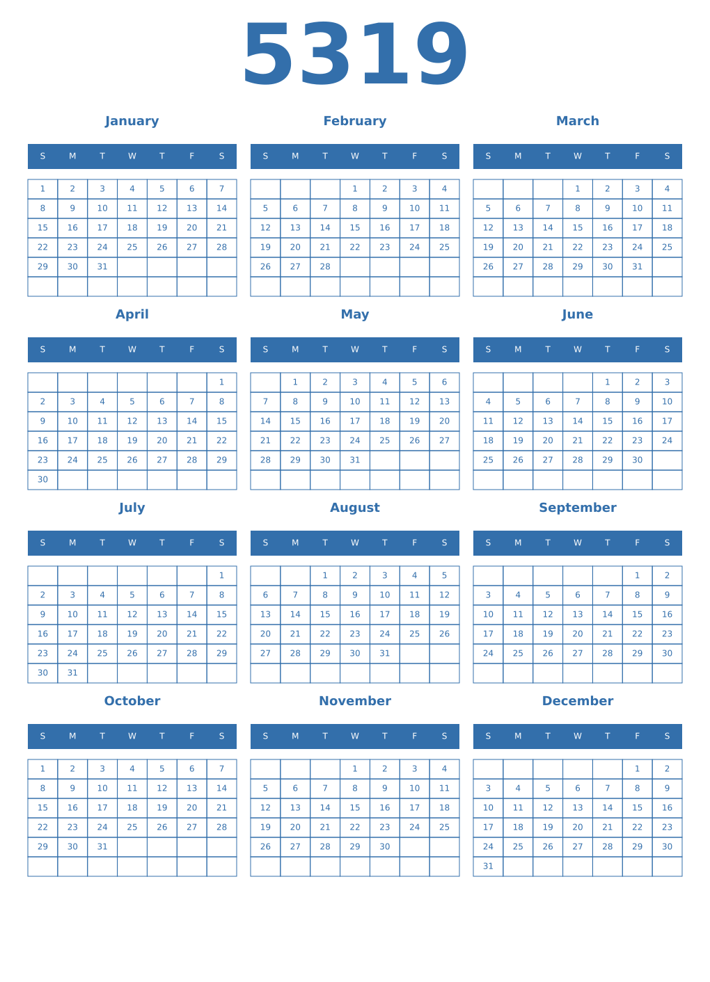 Printable 5319 Year Calendars blue