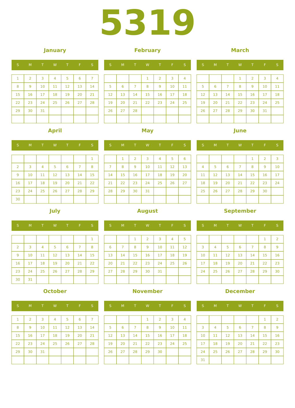Printable 5319 Year Calendars chartreuse
