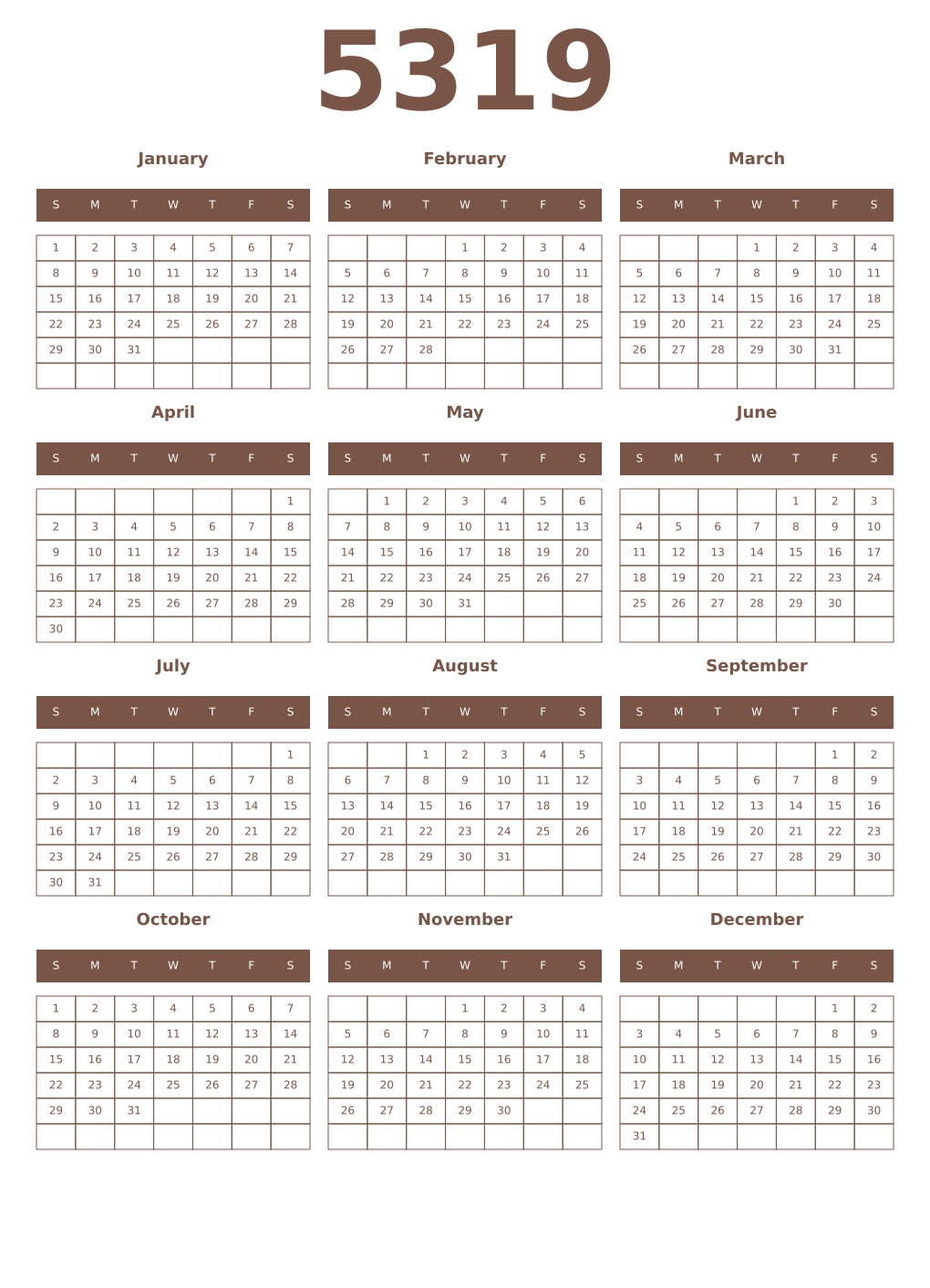Printable 5319 Year Calendars coffe