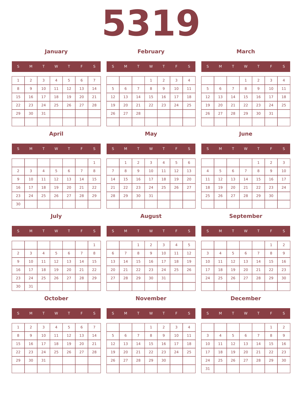 Printable 5319 Year Calendars cordovan