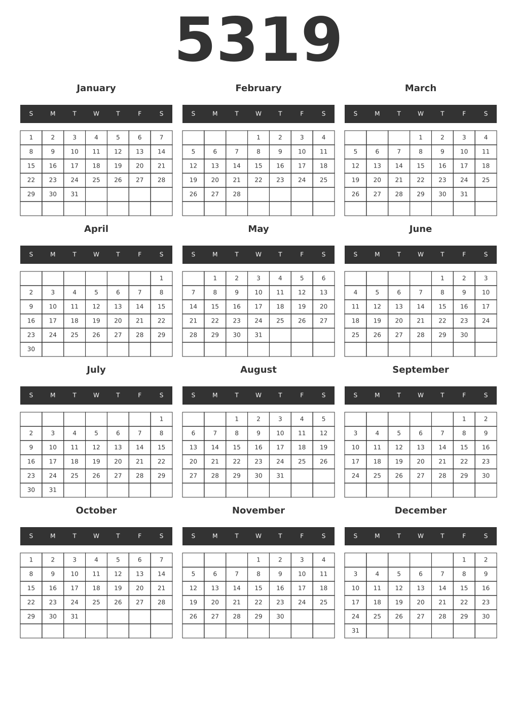 Printable 5319 Year Calendars dark