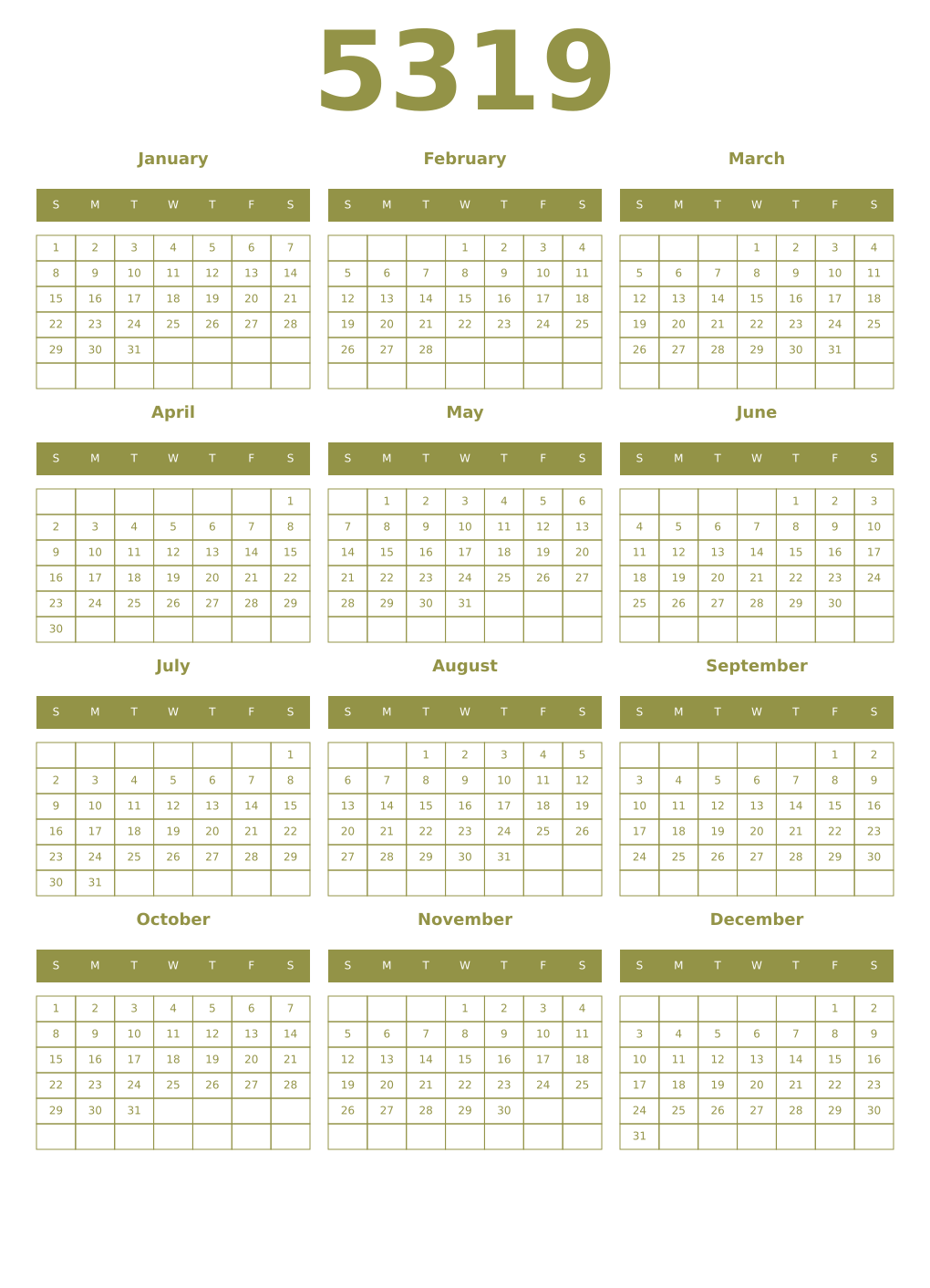 Printable 5319 Year Calendars eburnean