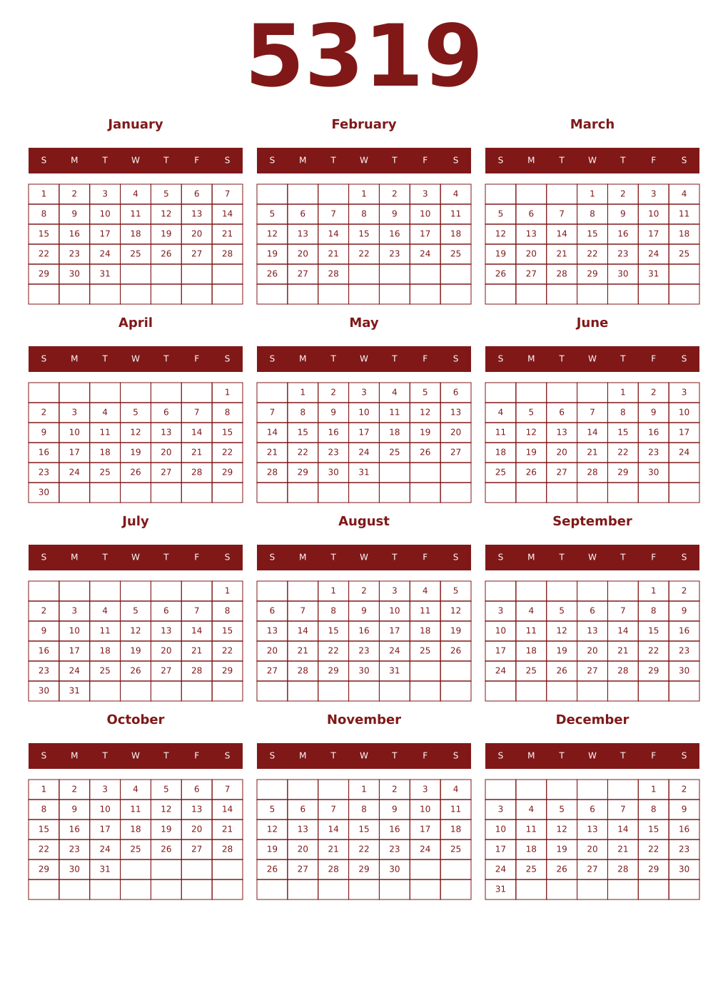 Printable 5319 Year Calendars falu