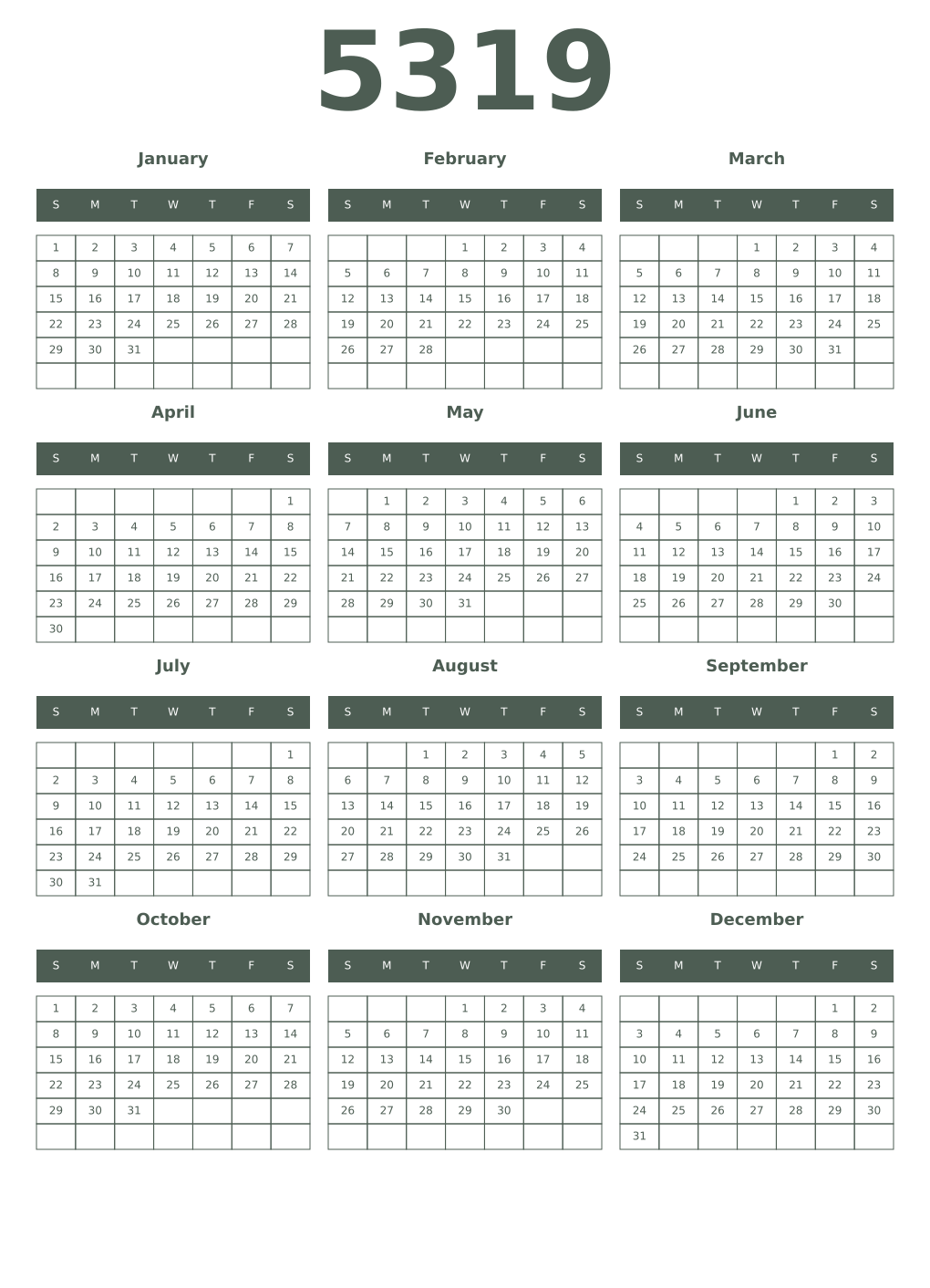 Printable 5319 Year Calendars feldgrau